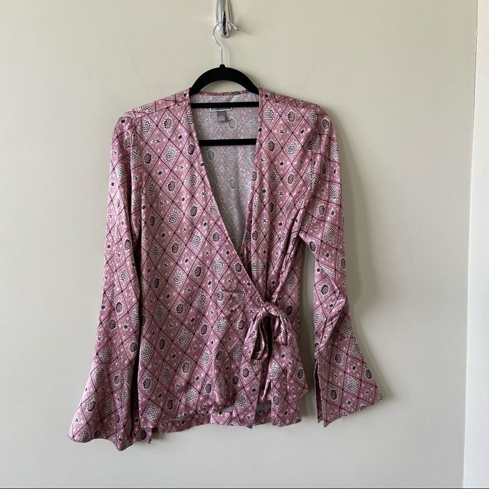 Chelsea28-satin Wrap Front Floral Long Sleeve Top